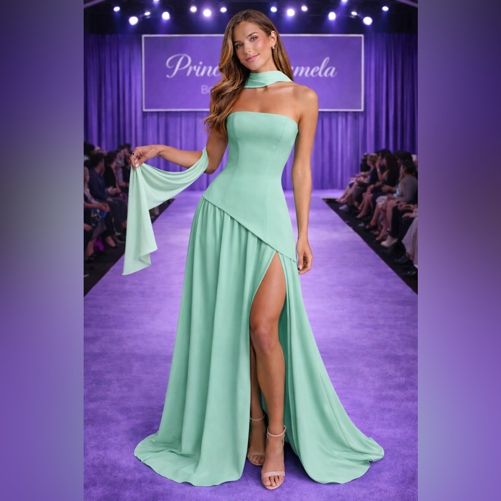 #129 Sleeveless Mint Green Chiffon Long Dress with Chiffon Shawl-Size 8/Medium